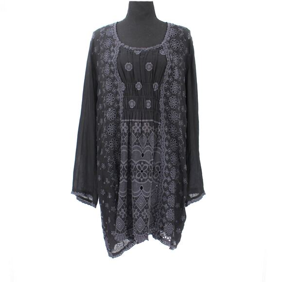 Johnny Was Black Floral Embroidered Eyelet Long Sleeve Mini Dress M Sheer Tunic - Picture 1 of 7